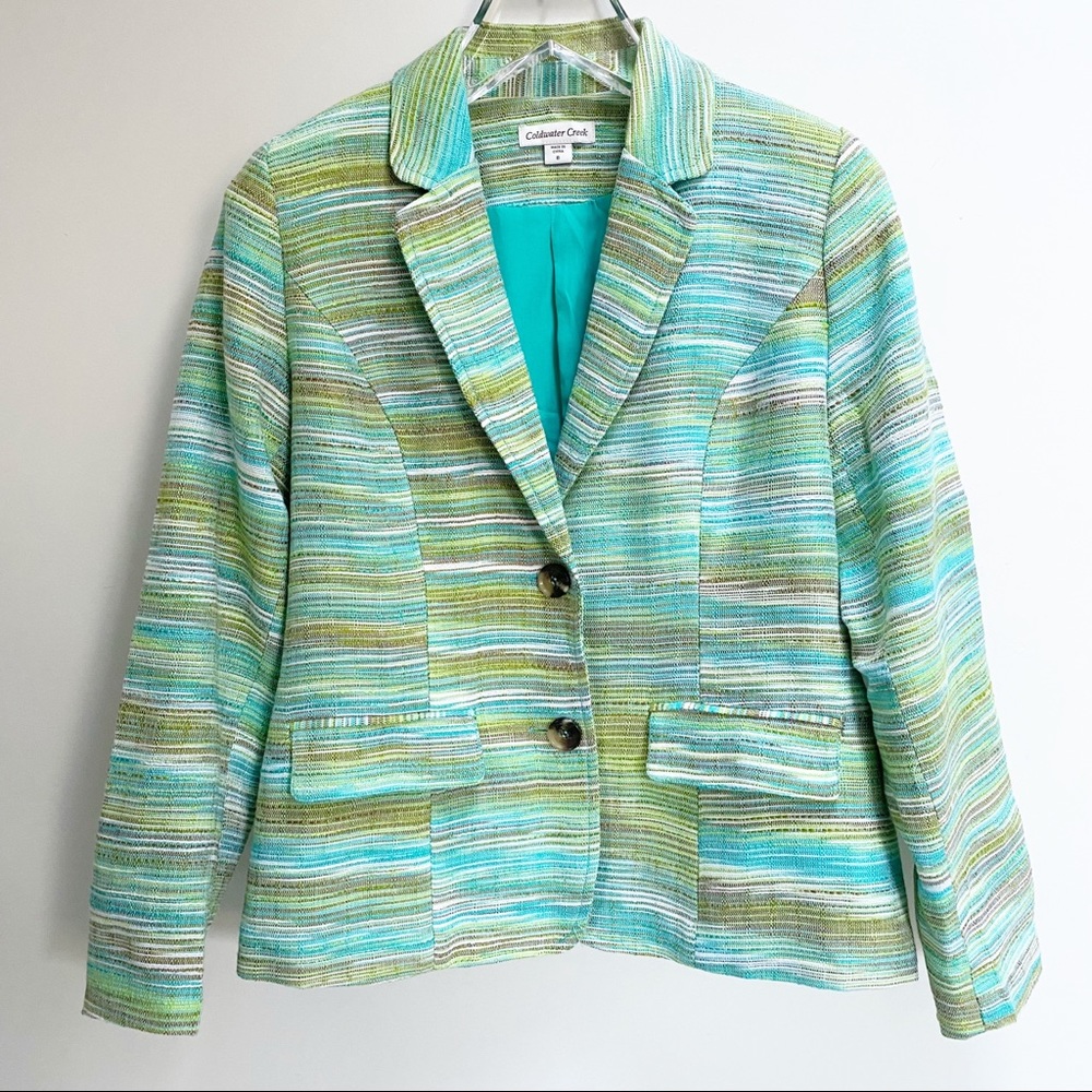 Coldwater Creek Jacket Two Button Green Blue Tweed Textured Lined Blazer